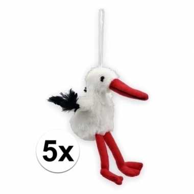 Geboorte 5x pluche knuffel ooievaar hangend 11 cm