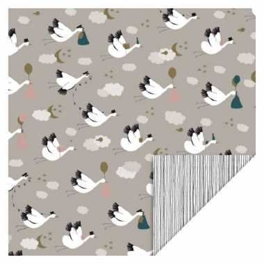 5x rollen inpakpapier/cadeaupapier geboorte/ooievaar thema 200 x 70 cm