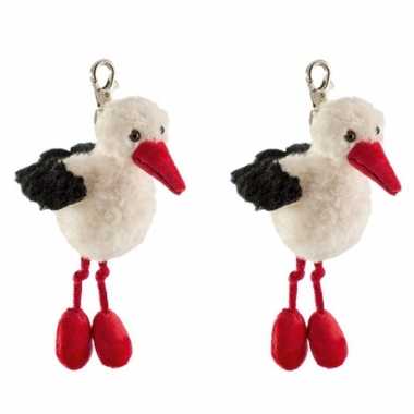 Geboorte set van 2x stuks pluche ooievaars knuffel sleutelhanger 10 cm