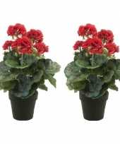 2x nep geranium plant rood in zwarte pot kunstplant