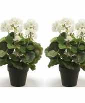 2x nep geranium plant wit in zwarte pot kunstplant