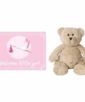 Happy horse bruine beren knuffels geboortekaartje welcome little girl ooievaar roze